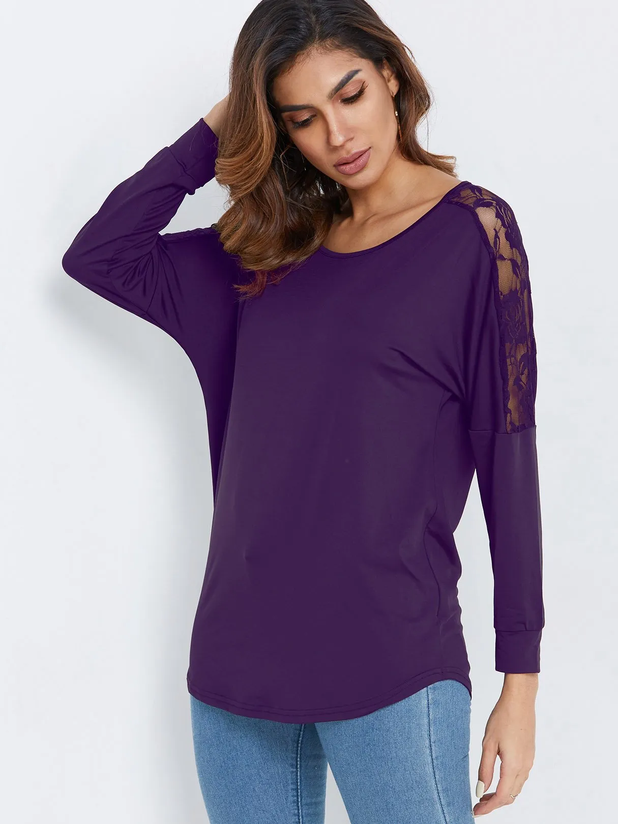 OEM ODM Scoop Neck Plain Lace Long Sleeve Purple T-Shirts