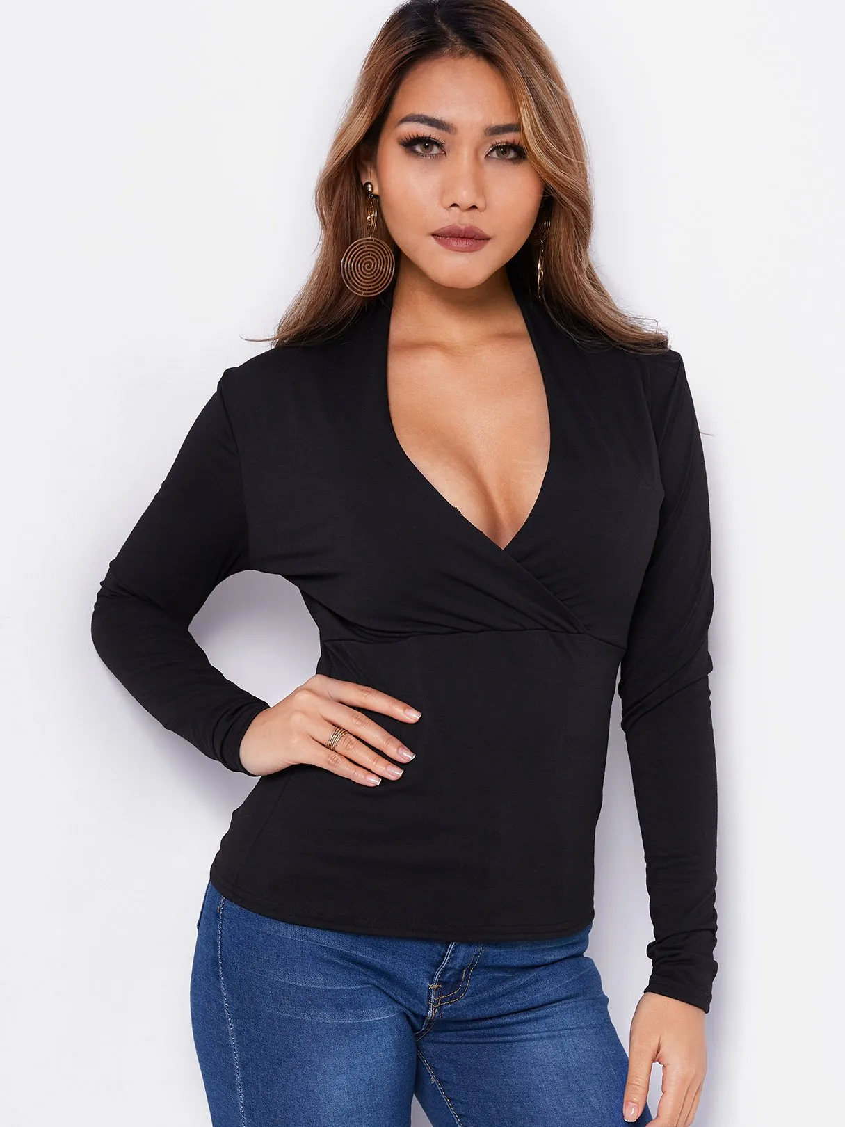 OEM ODM V-Neck Crossed Collar Plain Long Sleeve Black T-Shirts