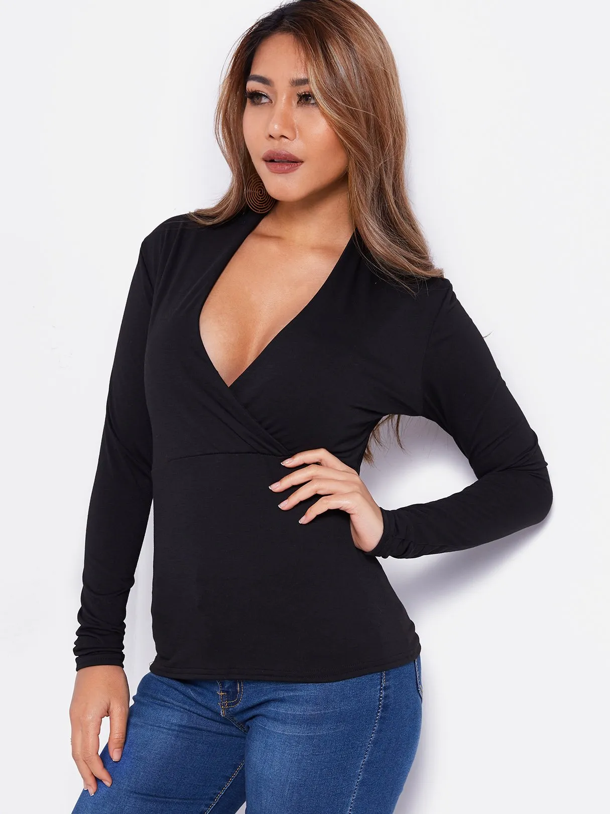 OEM ODM V-Neck Crossed Collar Plain Long Sleeve Black T-Shirts