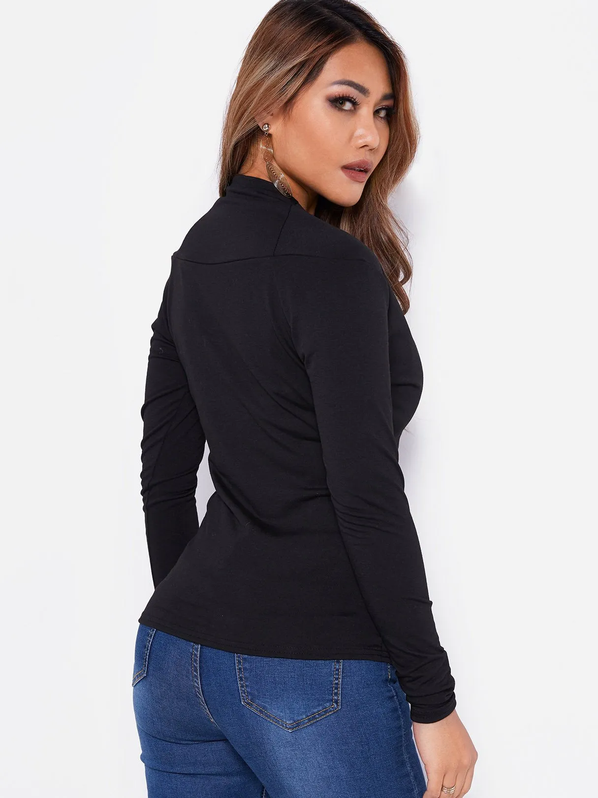 OEM ODM V-Neck Crossed Collar Plain Long Sleeve Black T-Shirts