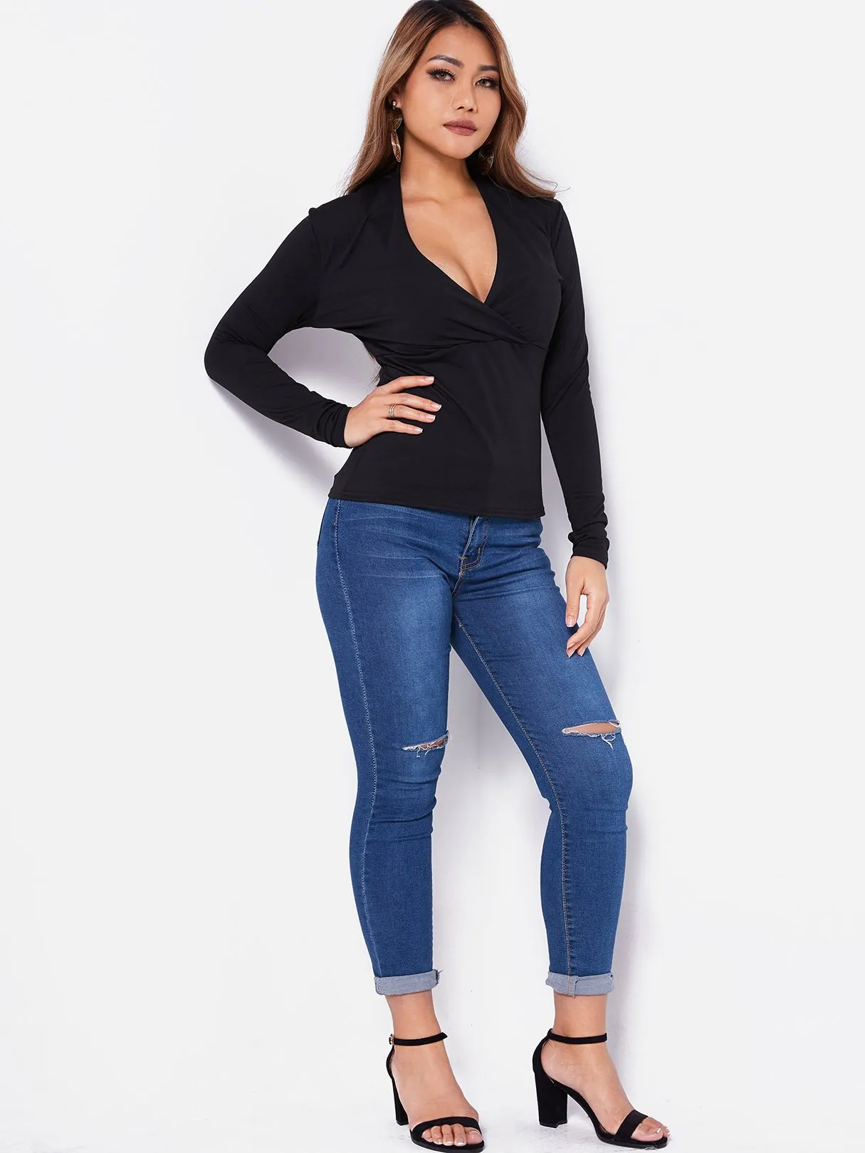 OEM ODM V-Neck Crossed Collar Plain Long Sleeve Black T-Shirts