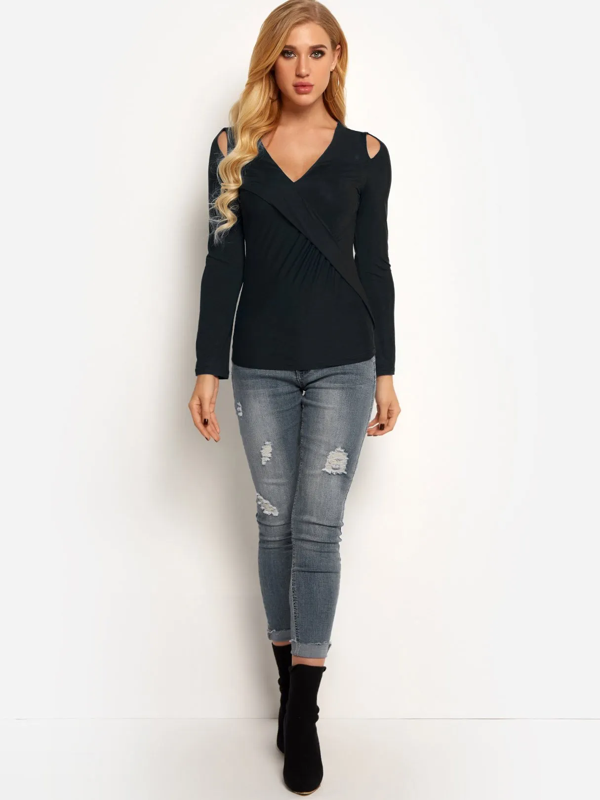 OEM ODM V-Neck Plain Crossed Front Cut Out Pleated Long Sleeve Black Top