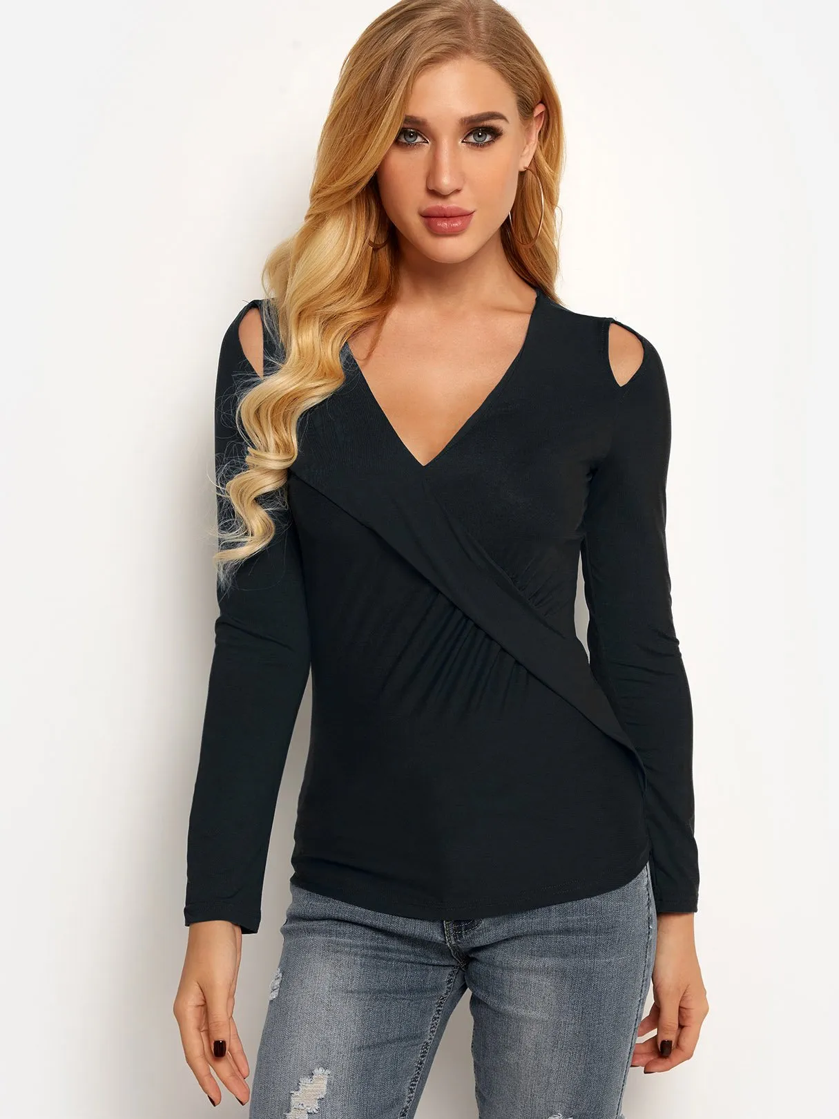 OEM ODM V-Neck Plain Crossed Front Cut Out Pleated Long Sleeve Black Top