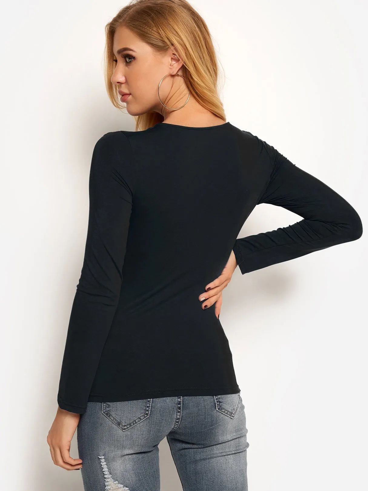 OEM ODM V-Neck Plain Crossed Front Cut Out Pleated Long Sleeve Black Top