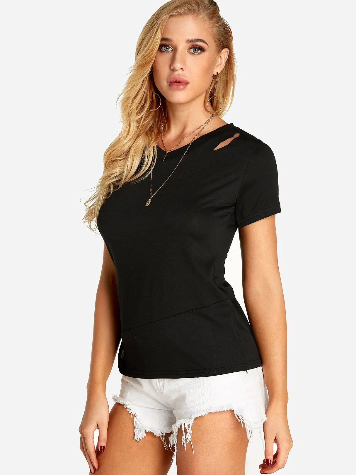 OEM ODM V-Neck Plain Cut Out Pleated Short Sleeve Black T-Shirts