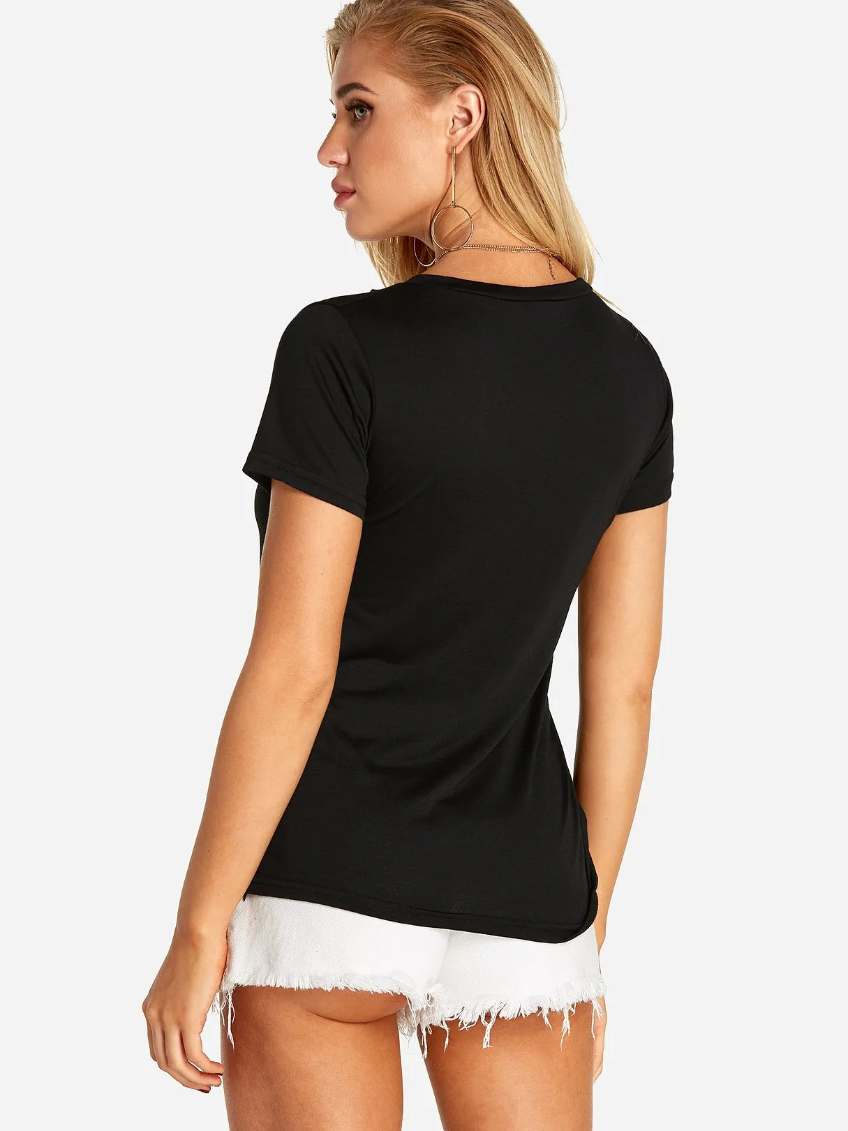 OEM ODM V-Neck Plain Cut Out Pleated Short Sleeve Black T-Shirts