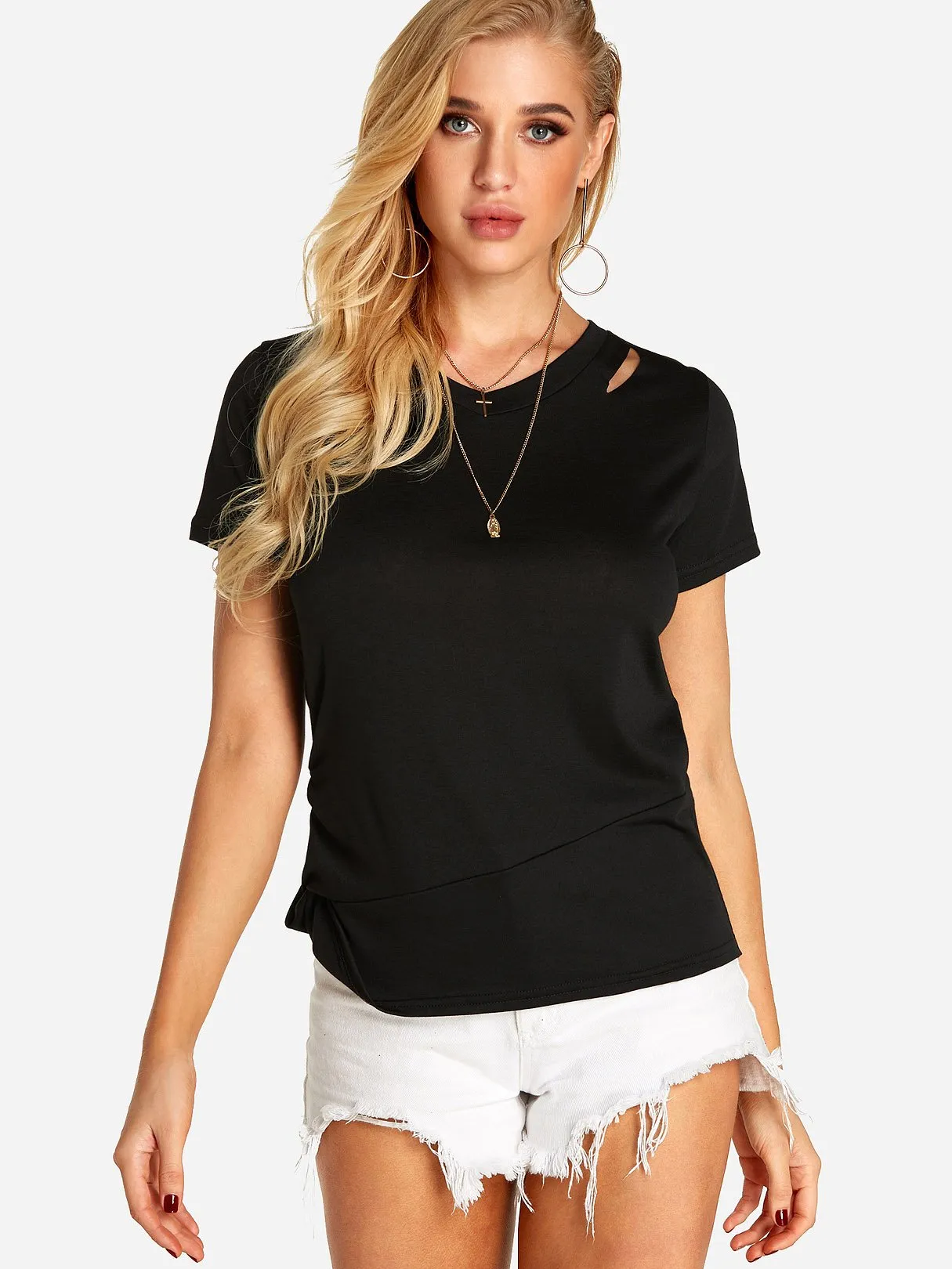 OEM ODM V-Neck Plain Cut Out Pleated Short Sleeve Black T-Shirts