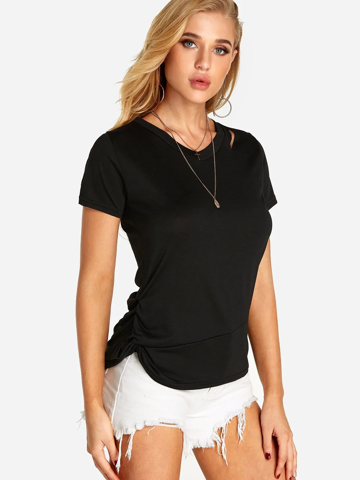 OEM ODM V-Neck Plain Cut Out Pleated Short Sleeve Black T-Shirts