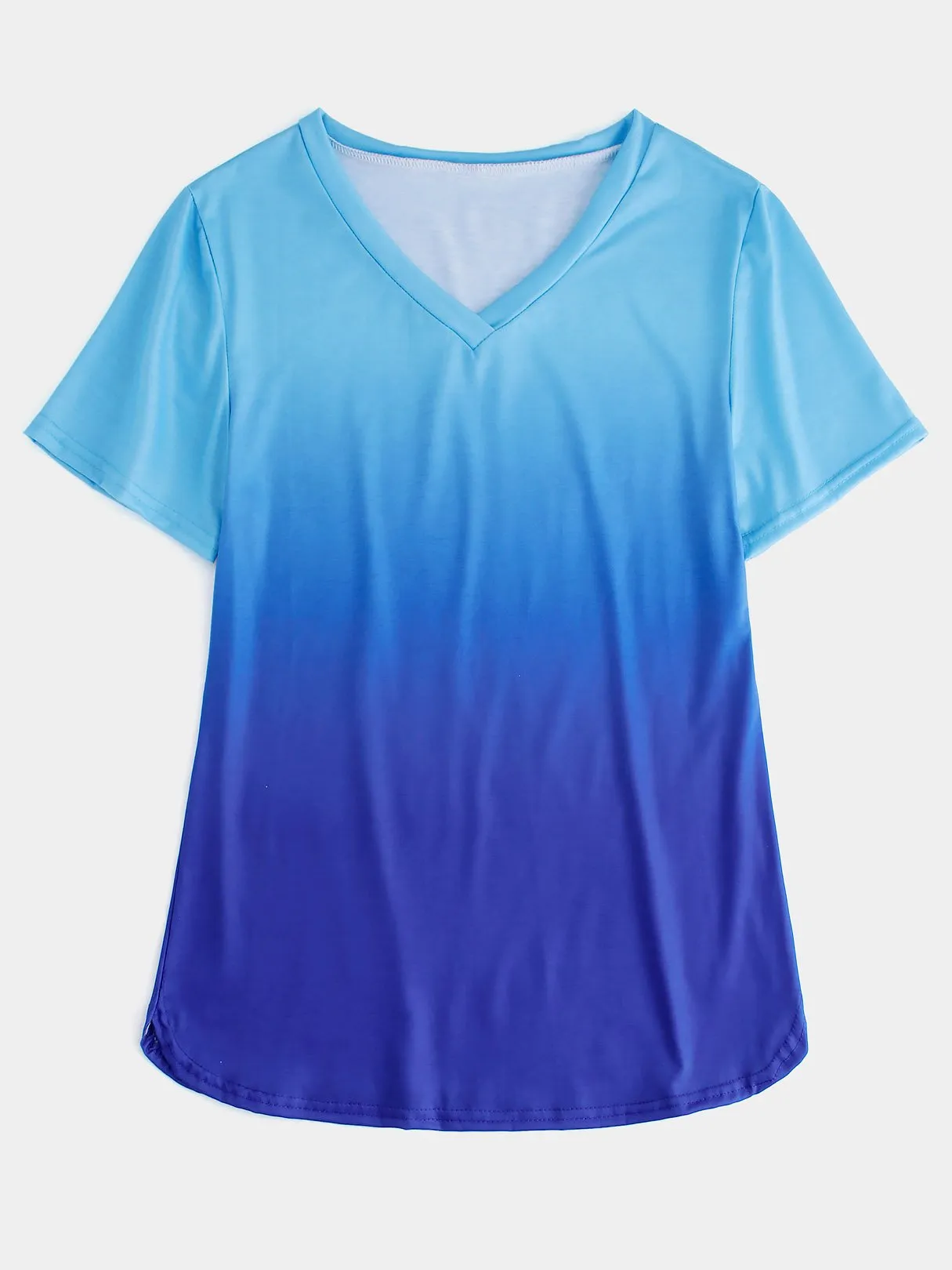 OEM ODM V-Neck Plain Short Sleeve Curved Hem Blue T-Shirts