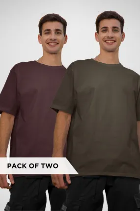 Olive Green and Maroon Oversized T-Shirts Combo for Men