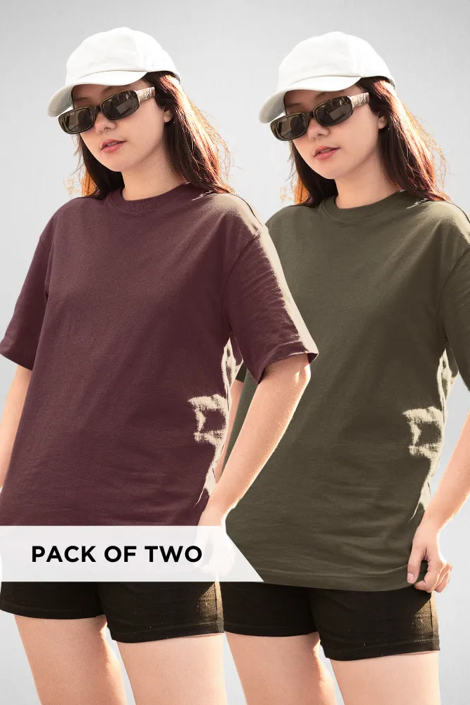 Olive Green and Maroon Oversized T-Shirts Combo for Women