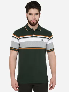 Olive Green Striped Slim Fit Polo T-Shirt | Greenfibre