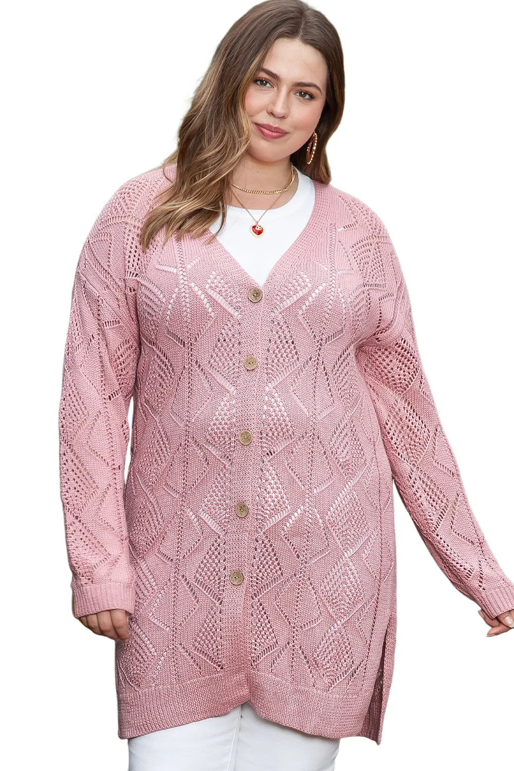 Open Knit Button-Up Plus Size Cardigan