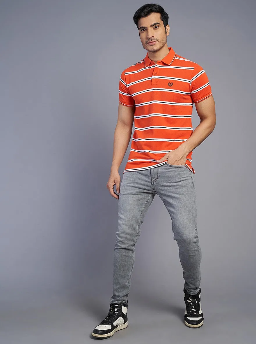 Orange Striped Slim Fit Polo T-Shirt | Greenfibre