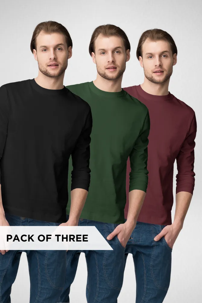 Pack Of 3 Full Sleeve T-Shirts Black Bottle Green and Maroon for Men