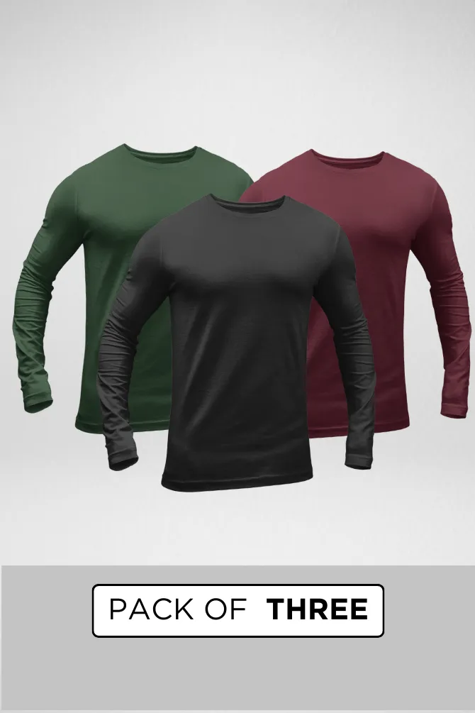 Pack Of 3 Full Sleeve T-Shirts Black Bottle Green and Maroon for Men