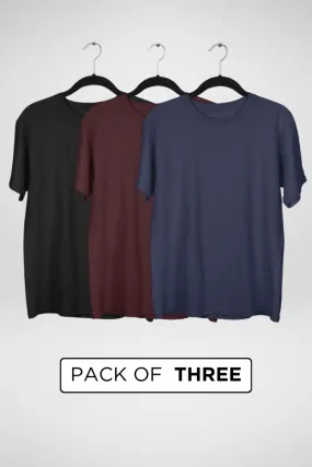 Pack Of 3 Oversized T-Shirts Black Maroon and Navy Blue for Men