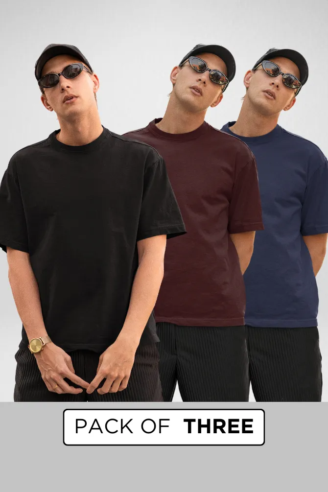 Pack Of 3 Oversized T-Shirts Black Maroon and Navy Blue for Men