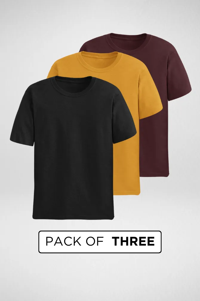 Pack Of 3 Plain T-shirts Black Maroon and Mustard Yellow for Men