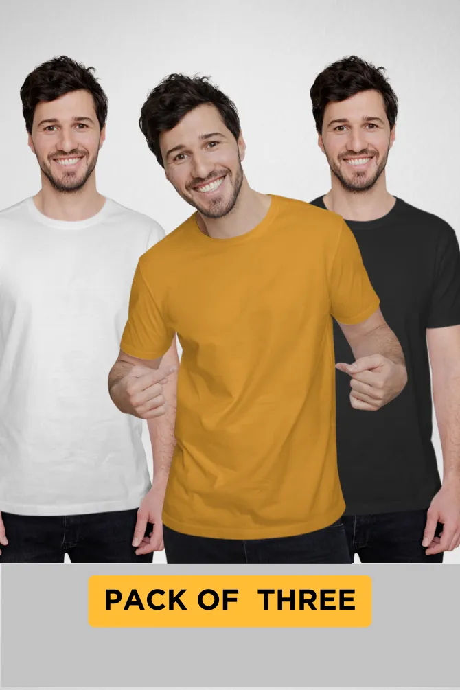 Pack Of 3 Plain T-shirts Black White and Mustard Yellow for Men