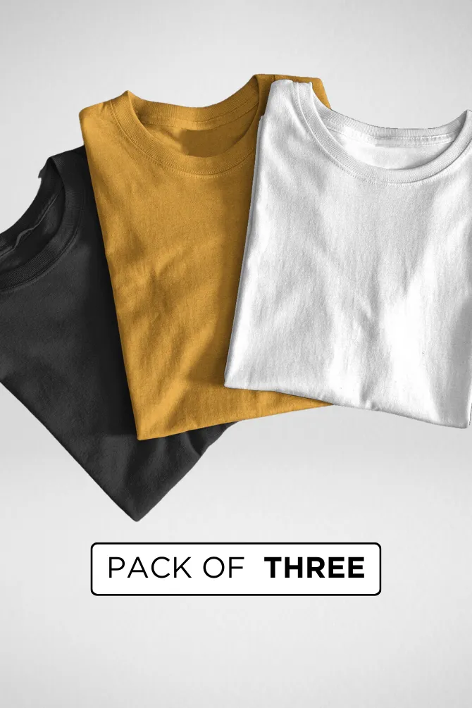 Pack Of 3 Plain T-shirts Black White and Mustard Yellow for Men