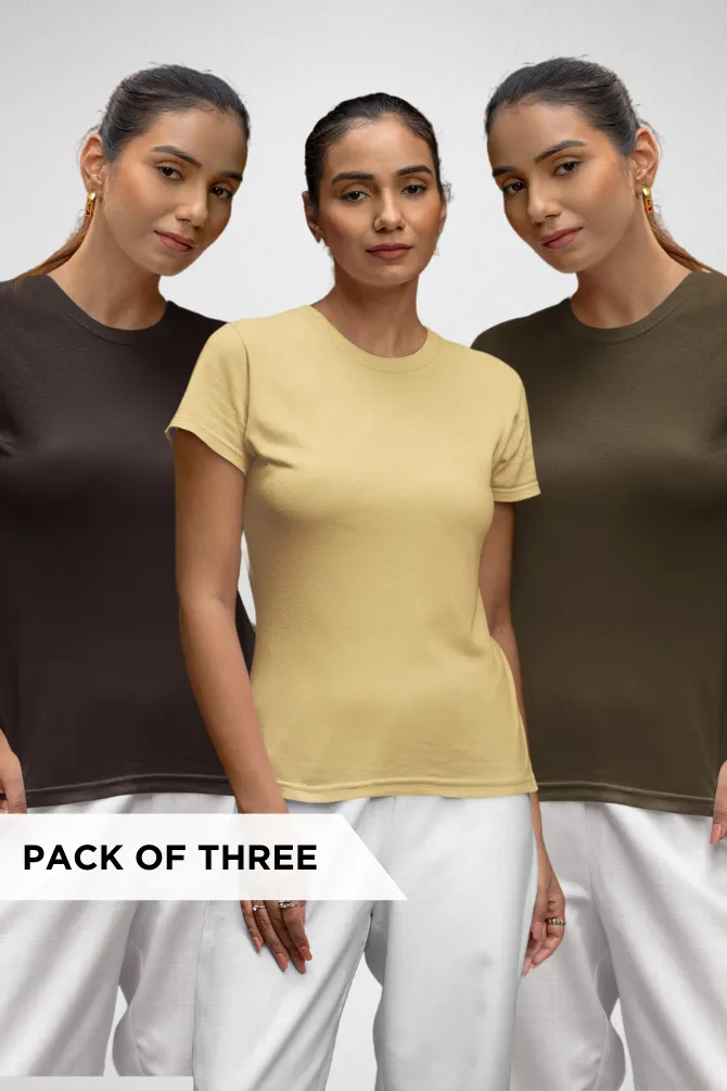 Pack Of 3 Plain T-shirts Coffee Brown Olive Green and Beige for Women