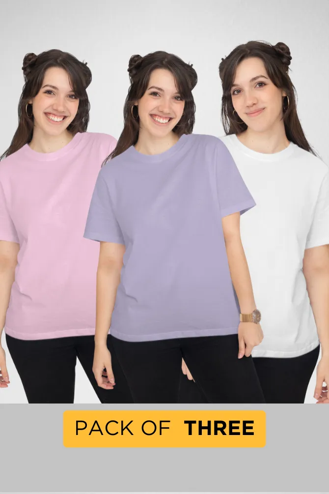 Pack Of 3 Plain T-shirts Lavender Light Pink and white for Women