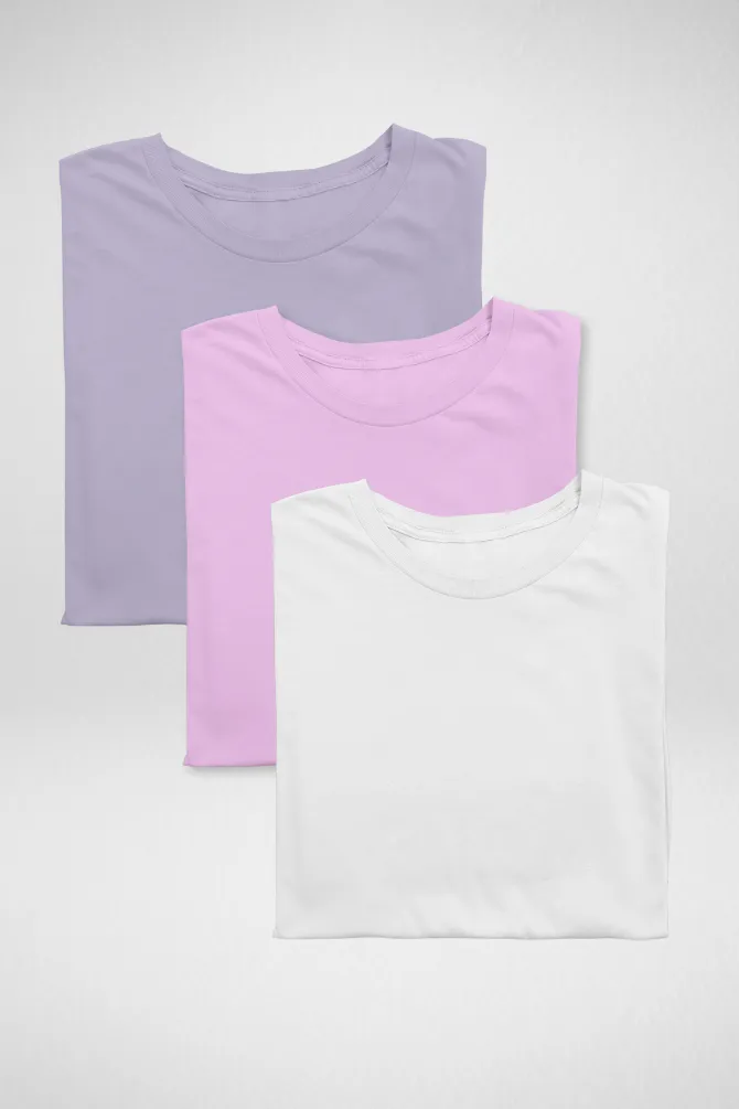 Pack Of 3 Plain T-shirts Lavender Light Pink and white for Women