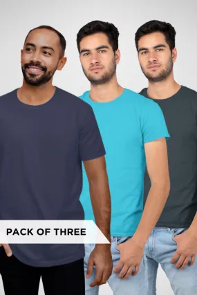 Pack Of 3 Plain T-shirts Navy Blue SkyBlue and Petrol Blue for Men