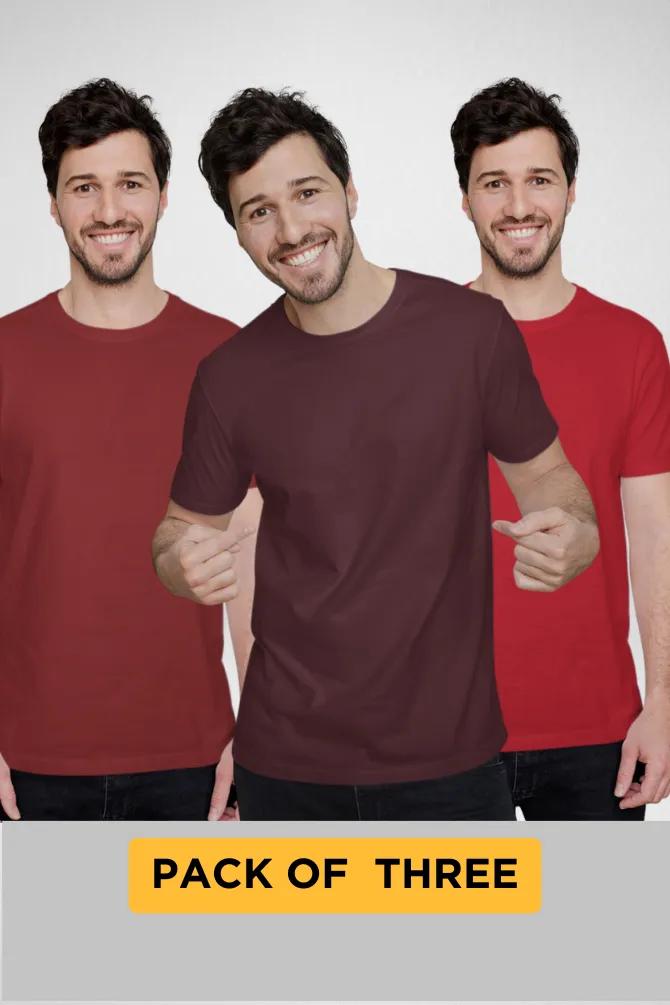 Pack Of 3 Plain T-shirts Red Brick Red and Maroon for Men