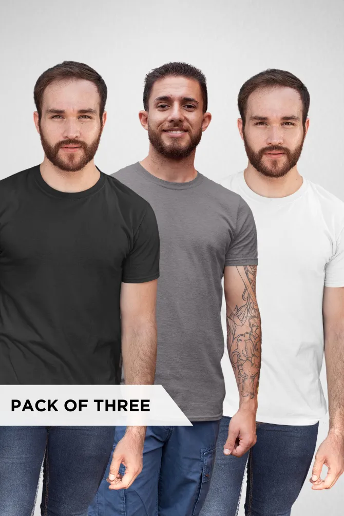 Pack Of 3 Plain T-shirts White Black and Charcoal Melange for Men