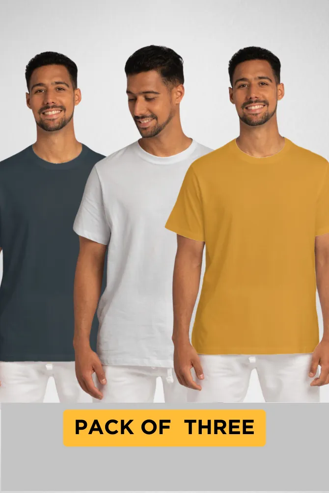 Pack Of 3 Plain T-shirts White Petrol Blue and Mustard Yellow for Men