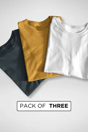 Pack Of 3 Plain T-shirts White Petrol Blue and Mustard Yellow for Men