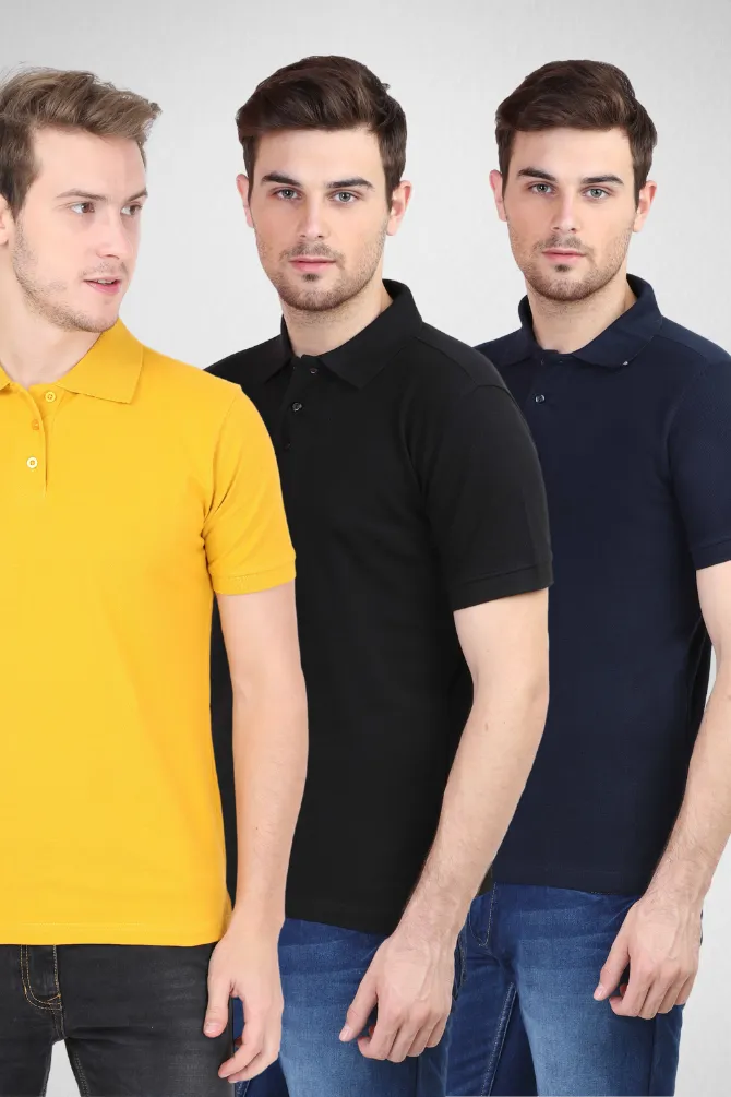 Pack of 3 Polo T-Shirts for Men - Black, Navy Blue and Mustard Yellow