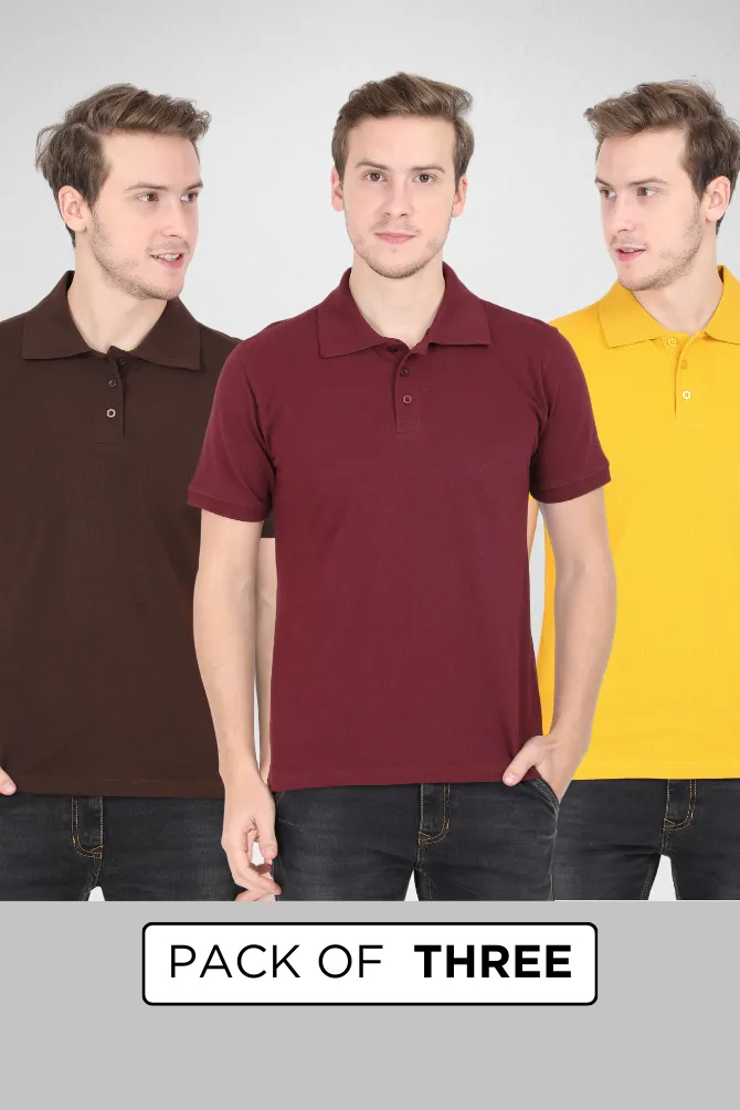 Pack Of 3 Polo T-Shirts Maroon Coffee Brown and Mustard Yellow for Men