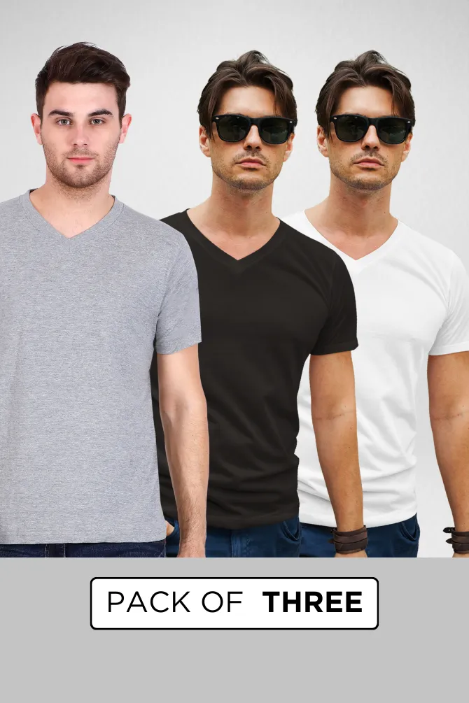 Pack Of 3 V Neck T-Shirts White Black and Grey Melange for Men