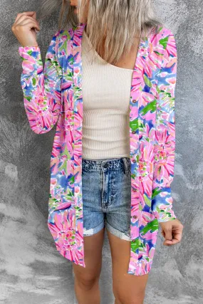 Pink Flower Print Long Sleeve Button Up Cardigan