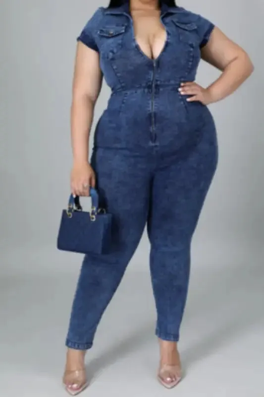 Plus Size Come My Way  Zip-Up Denim Jumpsuit