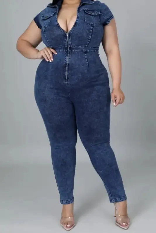 Plus Size Come My Way  Zip-Up Denim Jumpsuit