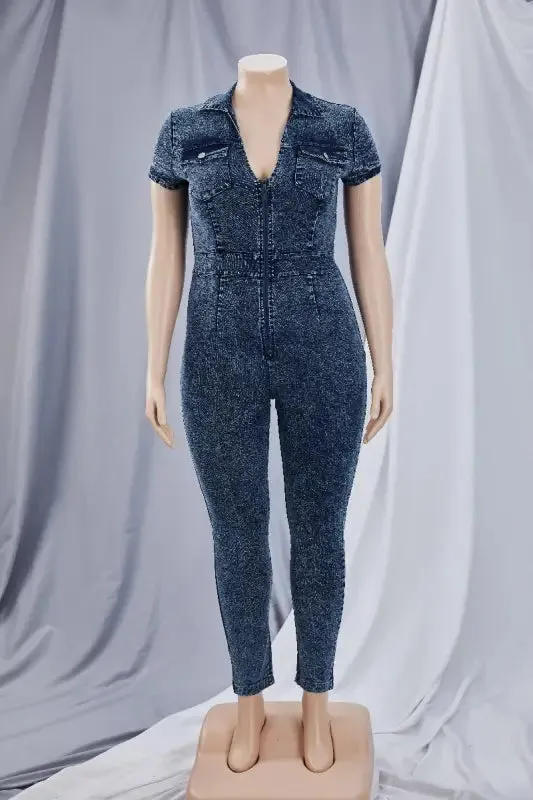 Plus Size Come My Way  Zip-Up Denim Jumpsuit