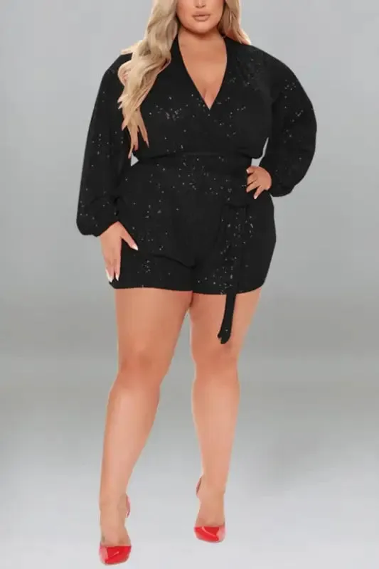 Plus Size Miss Right Sequin V-Neck Romper With Belt