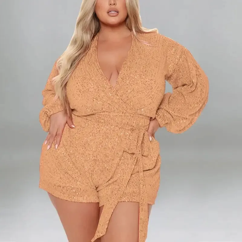 Plus Size Miss Right Sequin V-Neck Romper With Belt