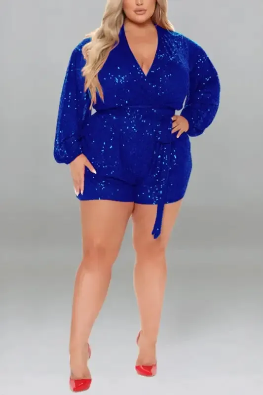 Plus Size Miss Right Sequin V-Neck Romper With Belt