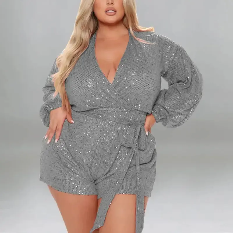 Plus Size Miss Right Sequin V-Neck Romper With Belt