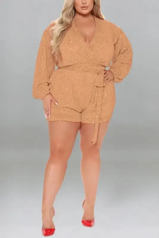 Plus Size Miss Right Sequin V-Neck Romper With Belt