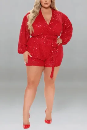 Plus Size Miss Right Sequin V-Neck Romper With Belt