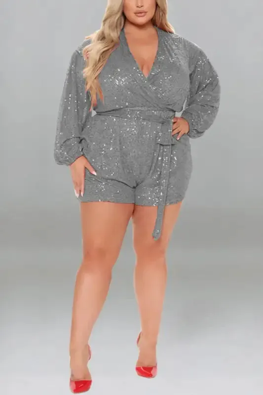 Plus Size Miss Right Sequin V-Neck Romper With Belt