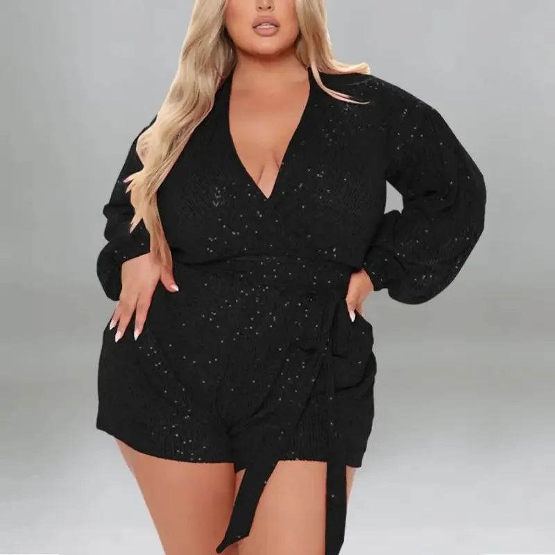 Plus Size Miss Right Sequin V-Neck Romper With Belt