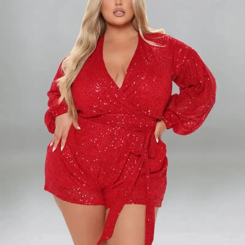 Plus Size Miss Right Sequin V-Neck Romper With Belt