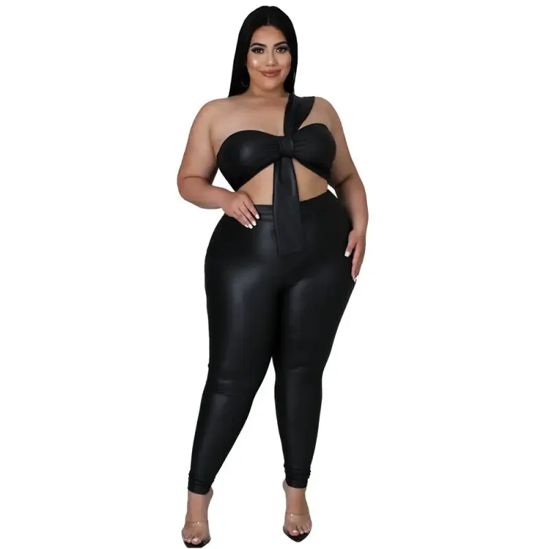 Plus-Size T-Cross PU Leather Top Leggings Set